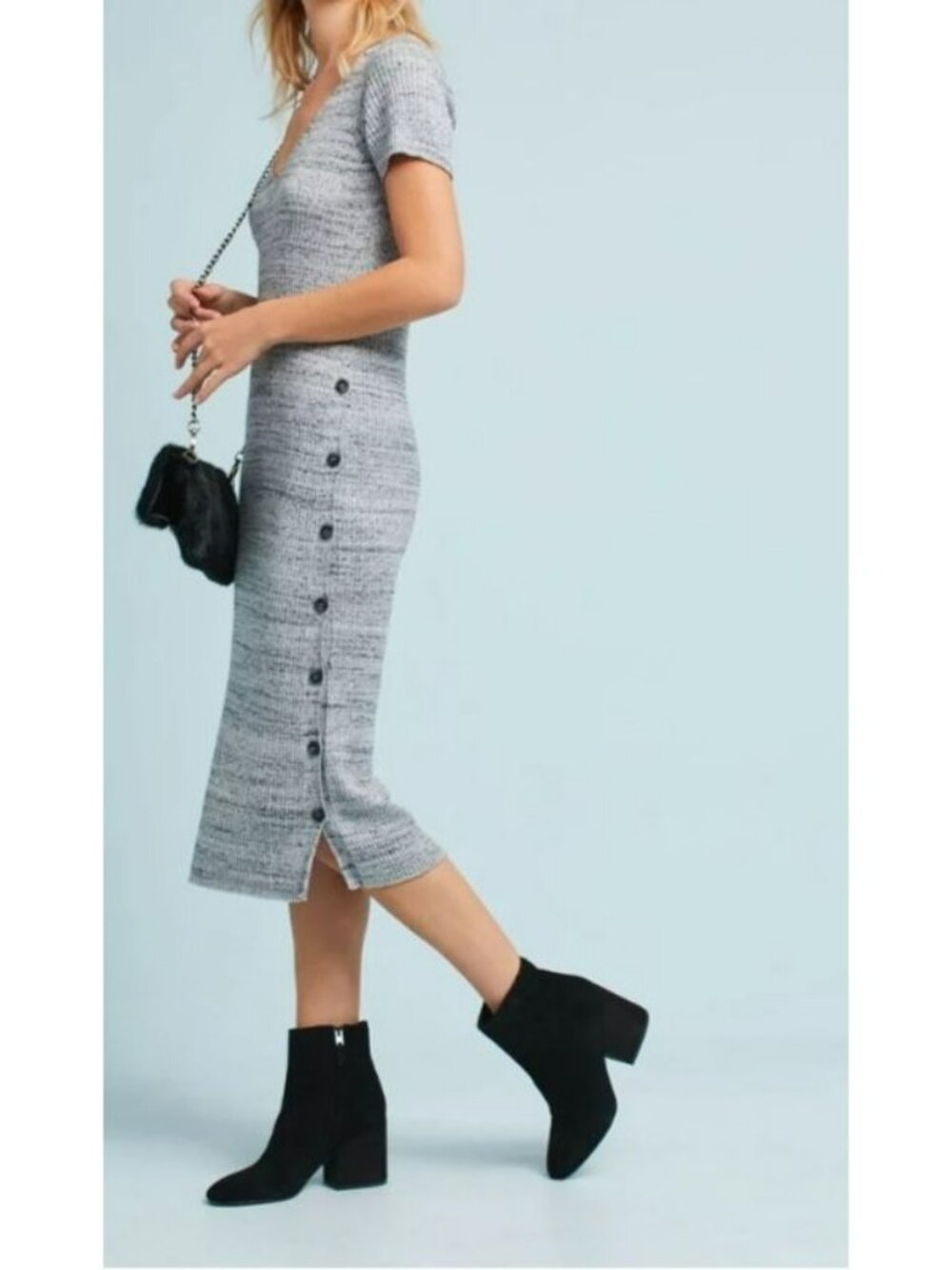 9-h15 STCL" By Anthropologie Gray Knit Midi Dress Side Buttons V-Neckline Sz XS